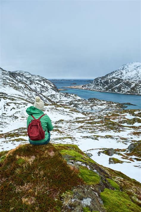 Woman Tourist On Lofoten Islands Norway Stock Photo