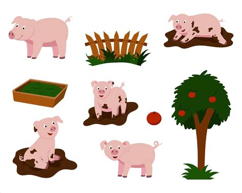 A Set Of Vector Illustrations Of Cute Cartoon Pigs Vector Isolated On