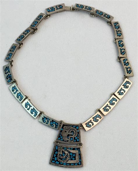 Vintage Sterling Silver Turquoise Inlay Necklace Mexico