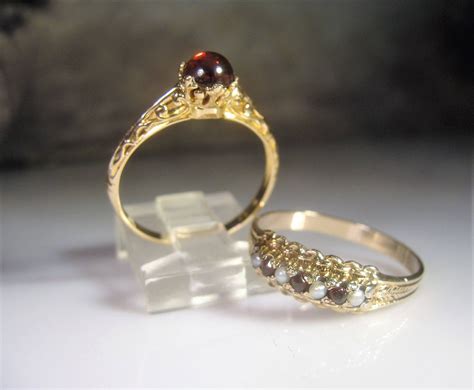 Victorian Bridal Ring Set 10k Garnet Bridal Rings Garnet Engagement Ring Garnet Seed Pearl