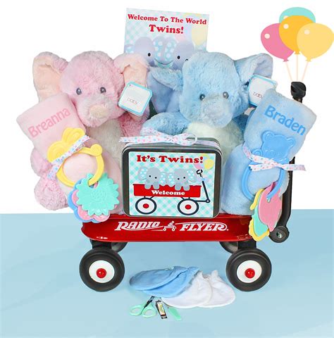 Unique gifts for baby boys. Twins Elephant Baby Wagon Gift Set - StorkBabyGiftBaskets.com