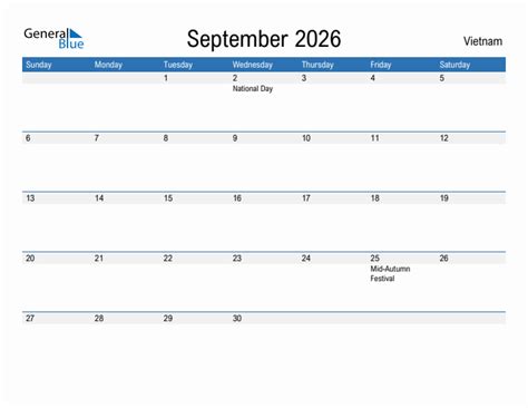 Editable September 2026 Calendar With Vietnam Holidays