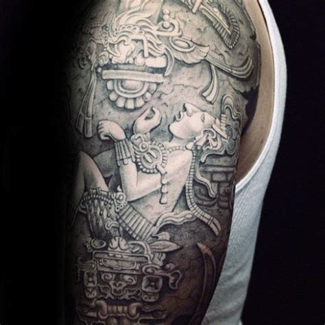 guy with stone mayan themed half sleeve tattoo aztec tattoos sleeve best sleeve tattoos half