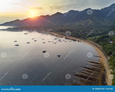 Aerial View From Drone On Mountains And The Sea On A Sunset Bali Stock