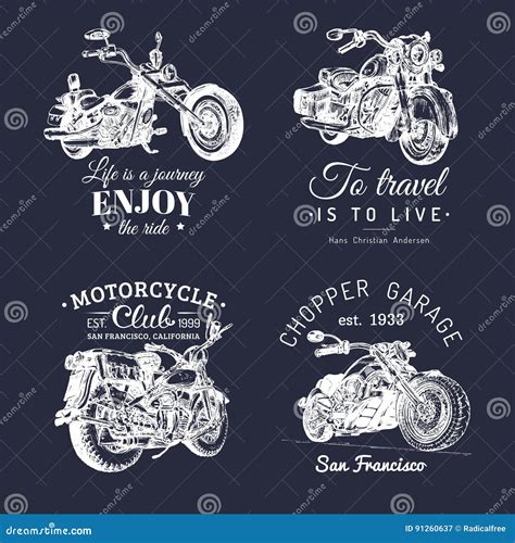 Vector Motorcycles Advertising Posters Set Hand Sketched Illustrations