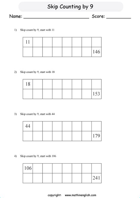 Kindergarten, 1st grade, 2nd grade, 3rd grade, 4th grade, 5th grade and more! Skip count by 9 math addition and numeracy worksheet for ...