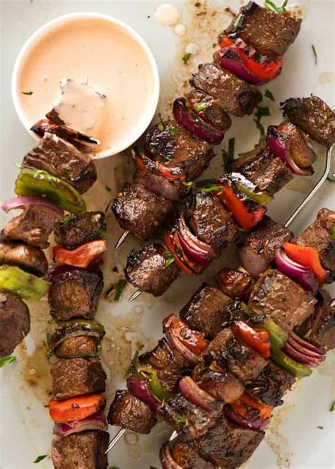 Overhead Photo Of Marinated Beef Kabobs With A Pink Sauce Crockpot