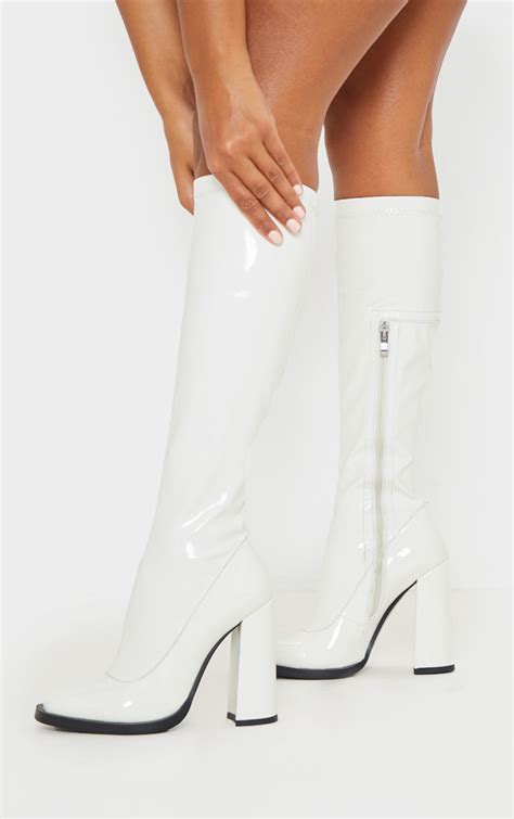 white knee high block heel sock boot shoes prettylittlething ie