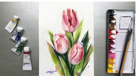 Watercolor Painting Redish Tulips Tutorial Step By Step Youtube