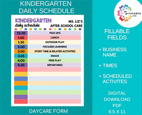 Daycare Daily Schedule For Kindergarten Printable Child Care Fillable