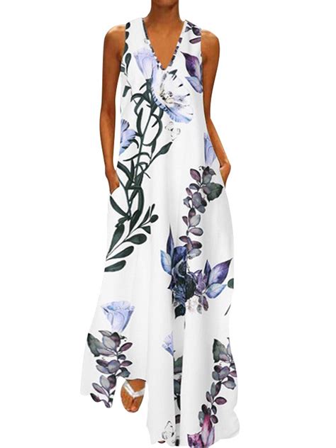 Plus Size Bohemia Dress Women Sleeveless Floral Print Summer Beach Holiday Sundress Long Maxi