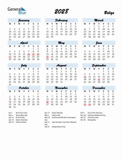 2028 Belize Calendar With Holidays