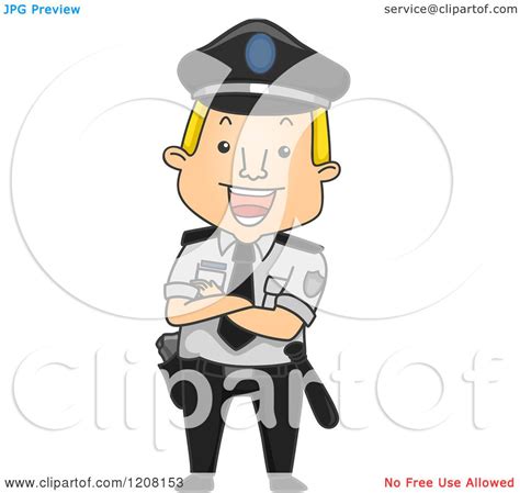 Cartoon Of A Happy Security Guard Standing With Folded Arms Royalty