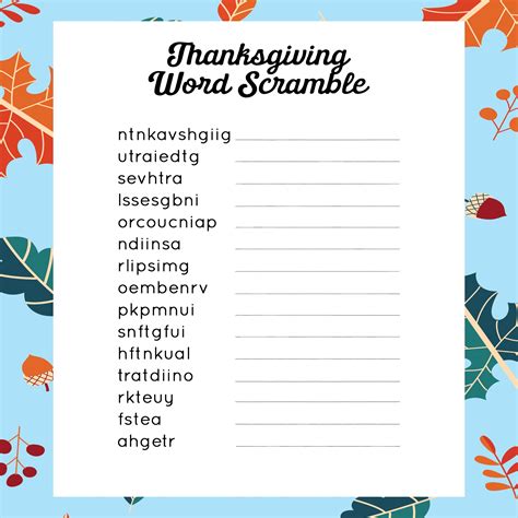 5 Best Printable Thanksgiving Word Scramble Game