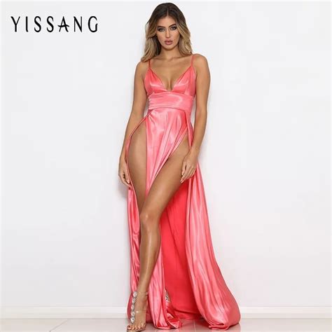 Yissang Sexy V Neck Satin High Split Dresses Women Summer Spaghetti Strap Elegant Maxi Dress