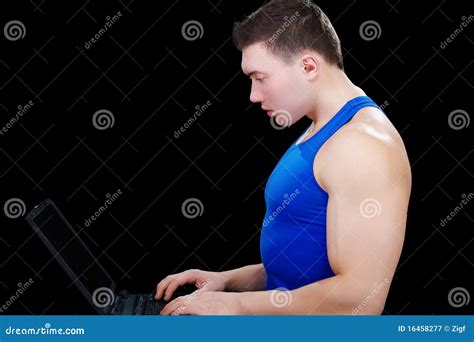 Bodybuilder Guy With Laptop Stock Image Image Of Alone Face 16458277