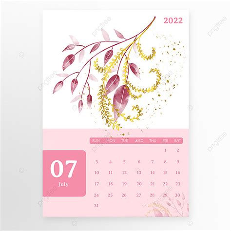 Calendario Anual De La Serie Floral 2022 Julio Acuarela Flores Y Hojas