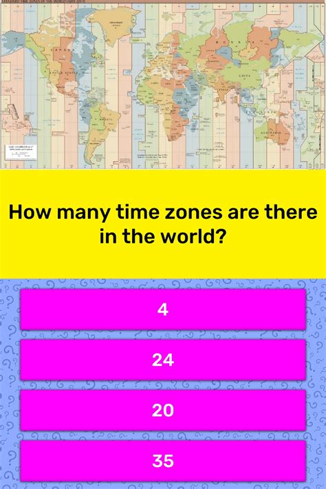 Canada spans almost 90° of longitude and now uses six time zones covering four and a half hours. How many time zones are there in the... | Trivia Answers ...