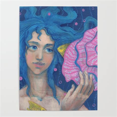 Little Mermaid Yellow Fish Blue Hair Underwater Fantasy Poster By Julia