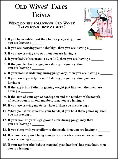 Free multiple choice trivia quiz questions with answers; Printable Baby Shower Game - Old Wives Tales Trivia