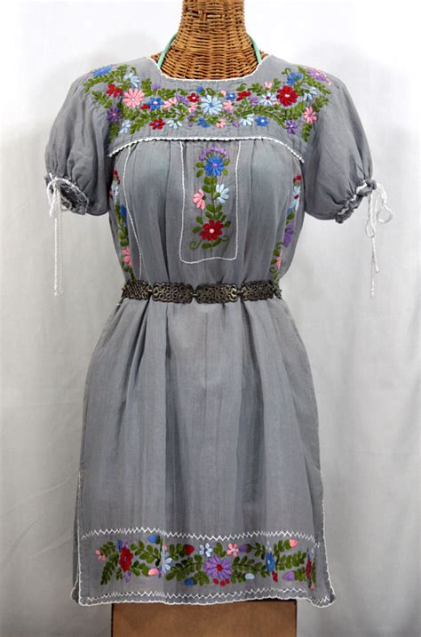 La Antigua Embroidered Mexican Style Peasant Dress Grey White Trim