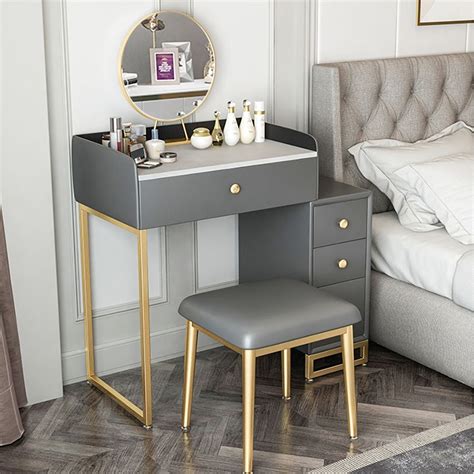 Modern Grey Makeup Vanity Retracted Faux Marble Dressing Table With Side Cabinet