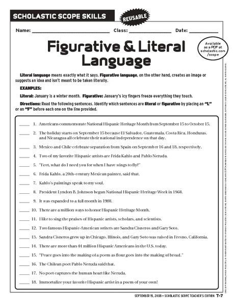 Figurative and Literal Language Worksheet | Lesson Planet | Places to
