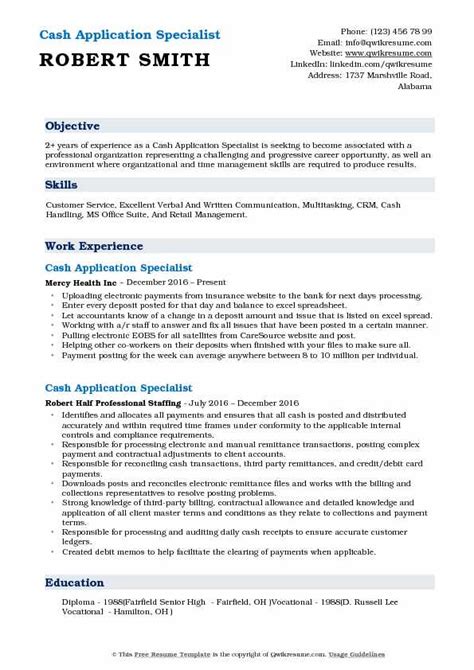 Cash management printed computer checks for open invoices can be entered: Cash Application Specialist Resume Samples | QwikResume