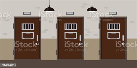 Prison Corridor With Cell Doors Jail Interior Stock Illustration