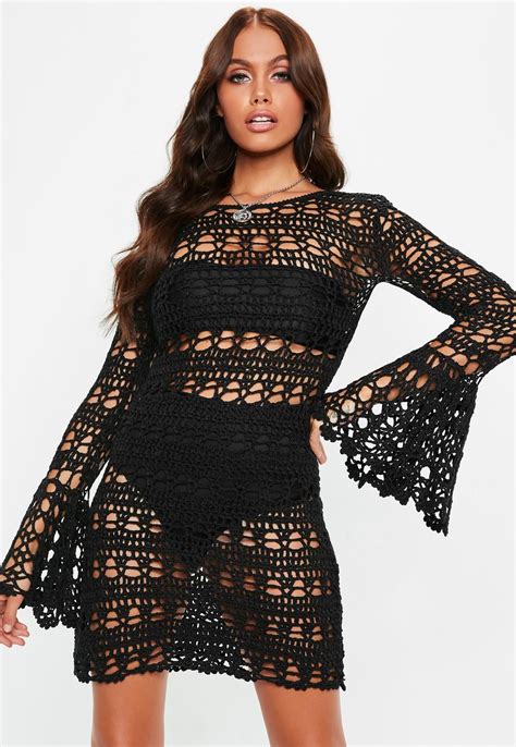 Black Flare Sleeve Backless Crochet Dress Missguided Crochet Dress Black Crochet Dress