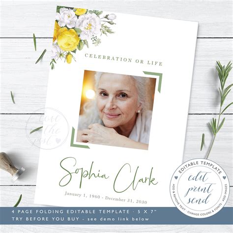 Yellow Roses Funeral Program Template for Woman Celebration - Etsy
