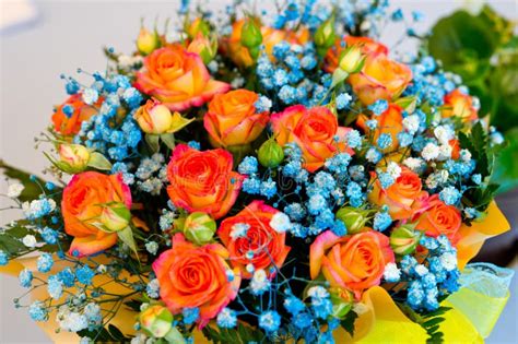 Beautiful Bouquet With Yellow Red Roses And Small Blue Flowers Stock