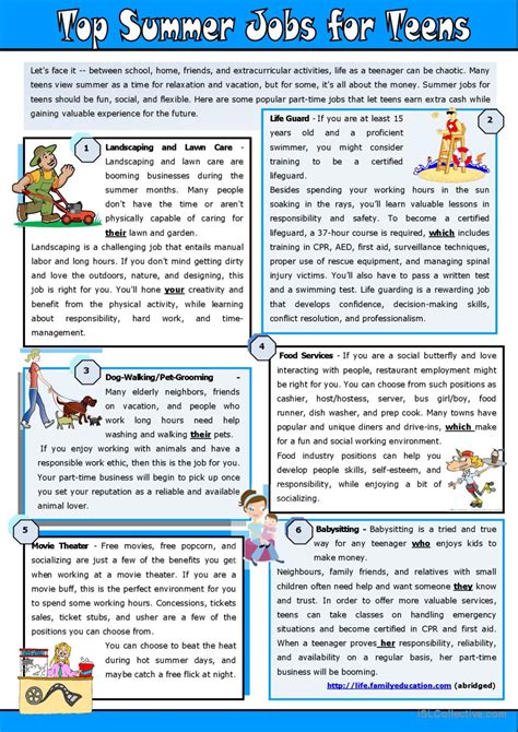 Top Summer Jobs for Teens reading fo…: English ESL worksheets pdf & doc