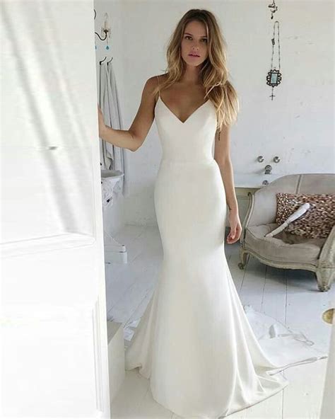 Simple Spaghetti Straps Satin Mermaid White Wedding Dress Wd2117