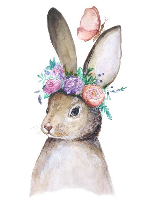 Bunny With Flowers Original Watercolor Painting Woodland Nursery