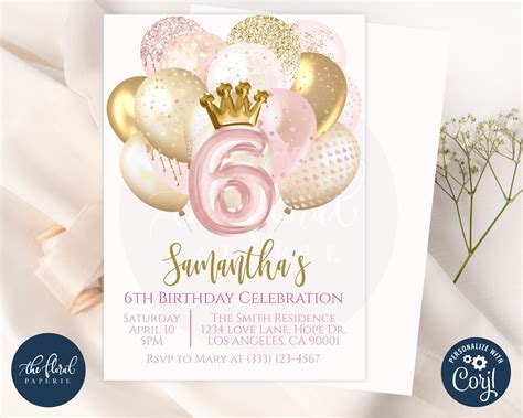 6th Birthday Invitation Template Editable Blush And Gold Etsy