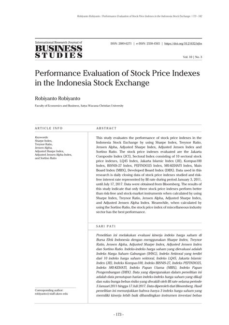 Pdf Performance Evaluation Of Stock Price Indexes In The Indonesia