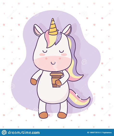 Kawaii Unicorn With Coffee Cup Cartoon Character Magical Fantasy Stock