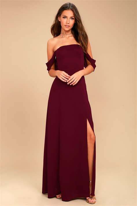 Joa Burgundy Dress Off The Shoulder Dress Maxi Dress Lulus