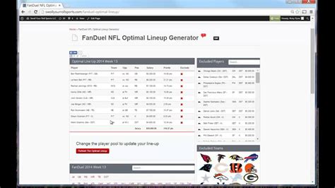 .sport (dfs) lineup optimizers and generators for draftkings and fanduel for nfl, nba, mlb researching the perfect lineup for daily fantasy sports sites like draftkings and fanduel can be fantasypros' lineup optimizer. Fanduel Lineup Optimizer Walkthrough Video - YouTube