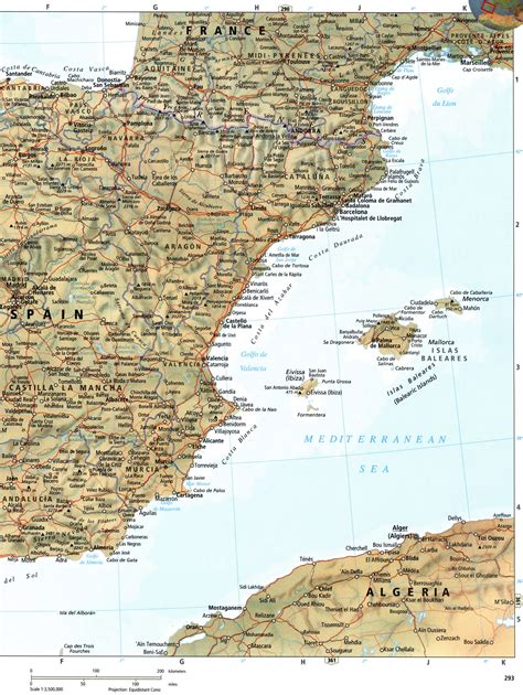 Испания и Португалия карта подробная физическая географическая с