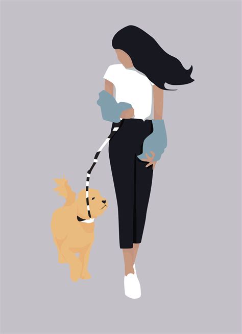 Flat Vector Woman Walking with Her Dog Illustration | Dog illustration ...