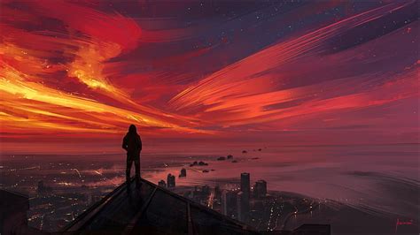 Sunset Painting Looking Into The Distance Sky Dark Cityscape