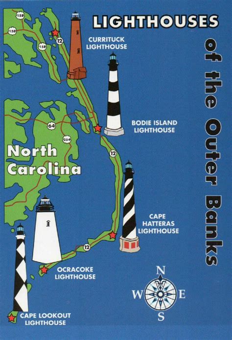 Outer Banks Lighthouses State Map Cape Hatteras North Carolina 5 X 7