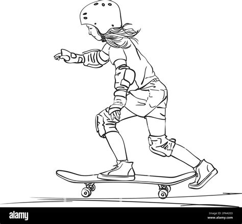 Sketch Of Girl Skateboarder In Full Protection And Helmet Riding On Skateboard Hand Drawn Line