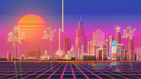 City With Retrowave Illustration With Background Of Sky And Stars Hd