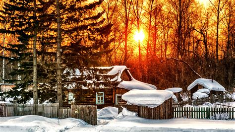 Log Cabin Sunset Winter Wallpaper Download Snow Hd Wallpaper Appraw