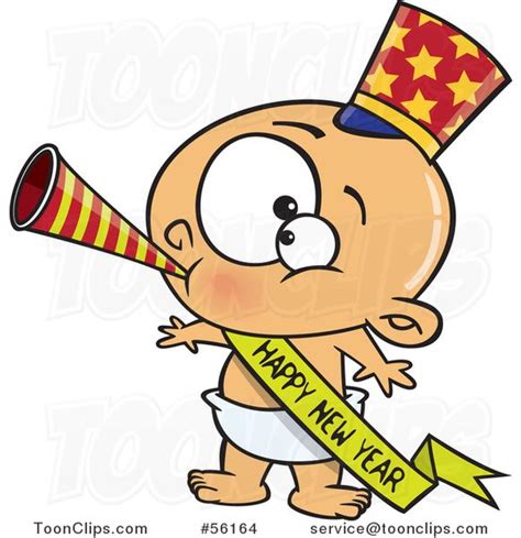 Cartoon White New Year Baby Blowing A Horn Wearing A Top Hat And A