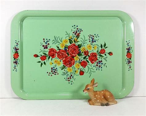 Vintage Pretty Large Celery Green Metal Tray Bright Floral Etsy