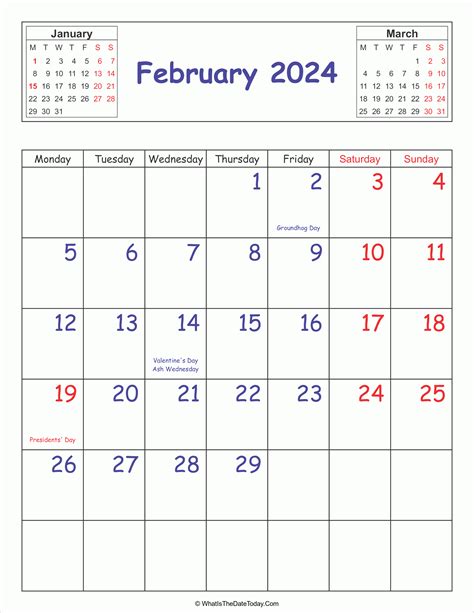 Printable 2024 Calendar February Vertical Layout Whatisthedatetodaycom